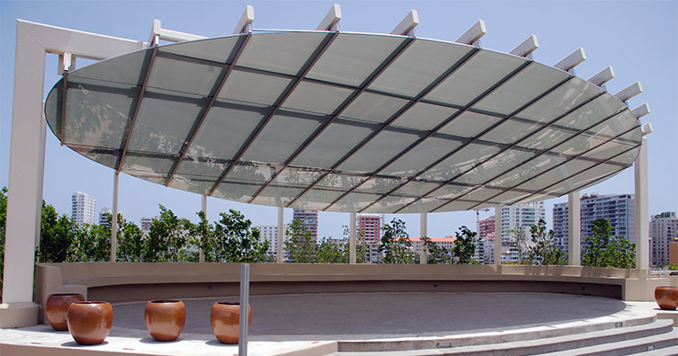 Outdoor stage area with roof